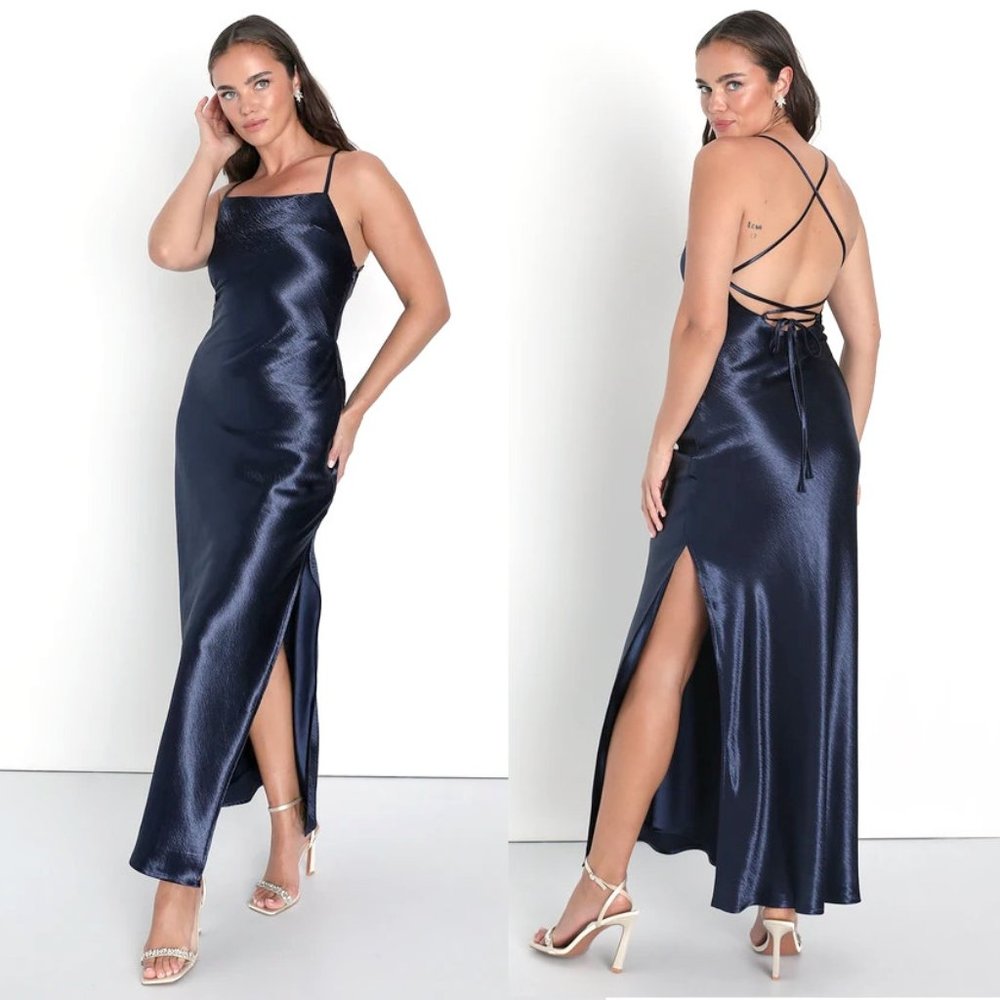 Navy Satin Maxi Slip Dress with Open Back